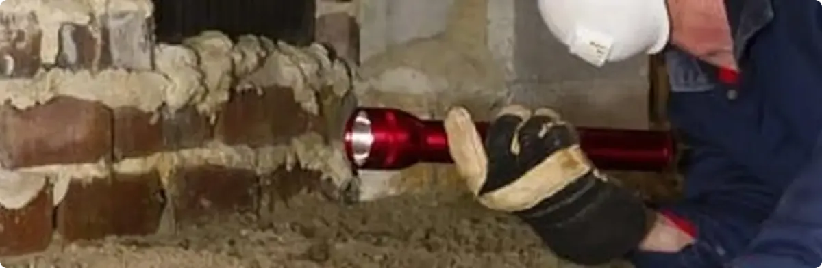 Pest control technician inspecting a crawl space for ant activity in Dracut, MA