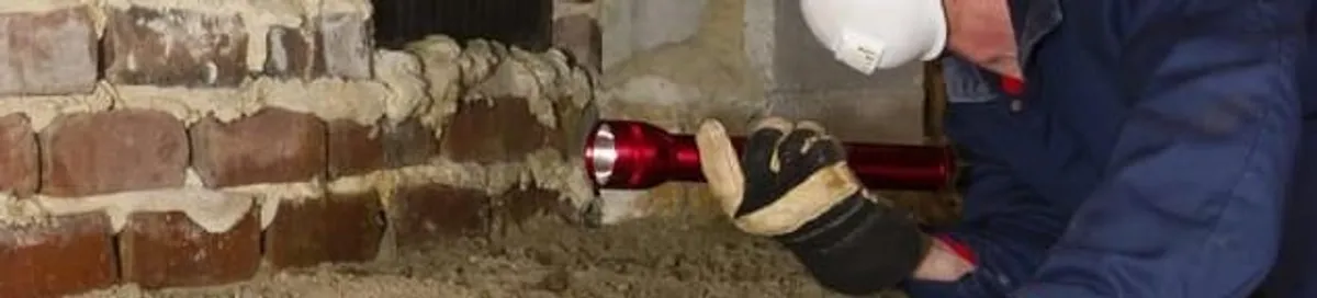 Pest control technician inspecting a crawl space for ant activity and entry points in Lowell, MA